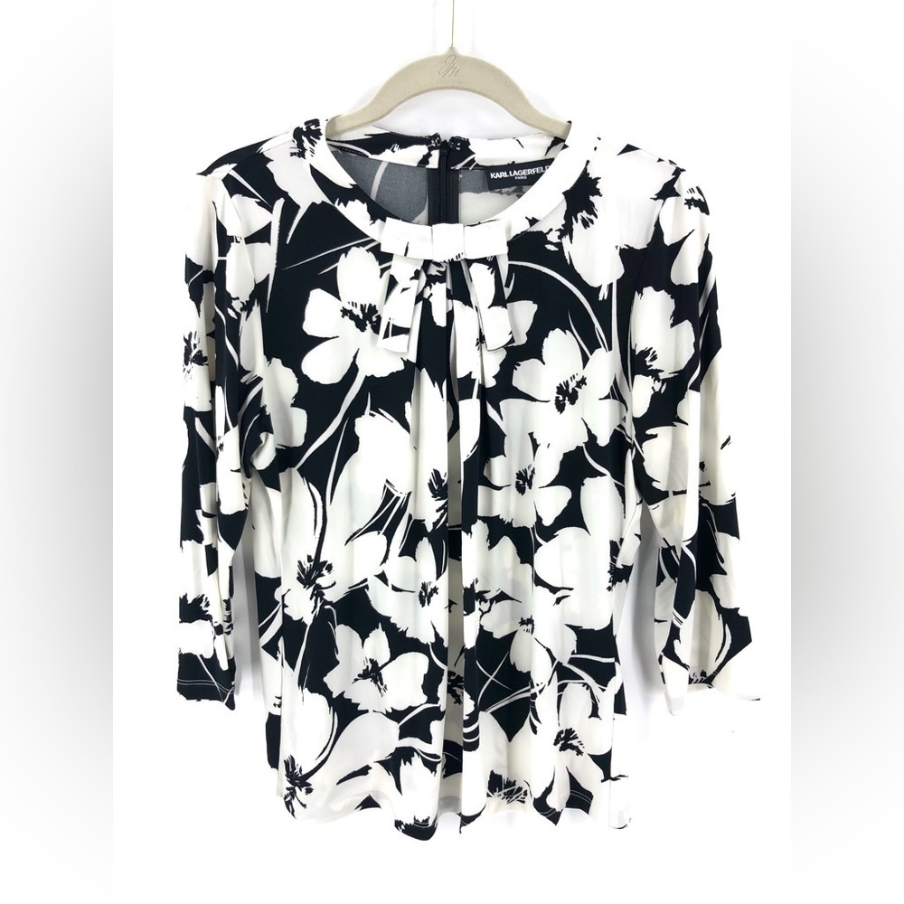 Karl Lagerfeld Top Womens Small Floral Bow Quiet Luxury Office Stretch Abstract